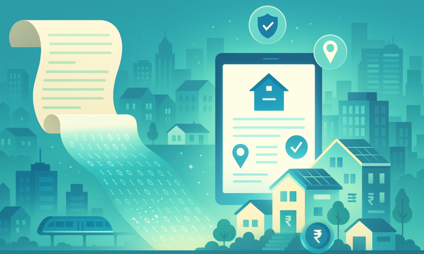 Create a high-quality hero illustration that visualizes the transformation from traditional paper Khata to digital e-Khata in Bangalore. The scene should depict a large scroll of paper Khata dissolving into digital data streams or floating binary code, transitioning into a glowing digital certificate on a screen or tablet. Surround the certificate with icons representing verified ownership, property tax paid, and GPS mapping. Include stylized silhouettes of homes, apartments, and commercial buildings in the background to show diversity. Use a modern, minimal gradient background with shades of teal, white, and BBMP-blue. No text, no logos—just clean visuals symbolizing digital transformation in real estate