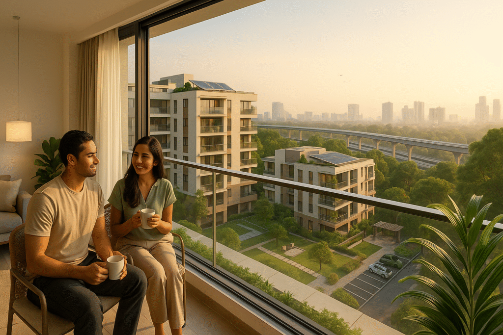 Create a calming, picturesque scene of affordable luxury living in Bangalore, focused on peaceful daily life moments in a premium housing environment. The image should feature: A morning balcony view from a mid-range luxury apartment: a young professional or couple enjoying coffee on a glass-railed balcony, with a city skyline, metro in the distance, and lush tree canopy below. Interiors hinting at smart home features: minimal yet tasteful décor, large floor-to-ceiling windows, indoor plants, and ambient lighting. In the background, showcase the apartment exterior—modern architecture with neutral colors, green rooftops, and electric vehicle parking below. Include glimpses of shared amenities like a yoga lawn, shaded seating areas, and a community garden in soft focus. Emphasize natural light, open space, and eco-conscious luxury—like solar panels, rainwater tanks, or recycled-material pavements. Scene should feel tranquil, warm, and upscale—but realistically attainable for Bangalore’s upper-middle class. Design tone: peaceful, clean, minimalist luxury—ideal for evoking the emotional appeal of owning a premium yet affordable home.