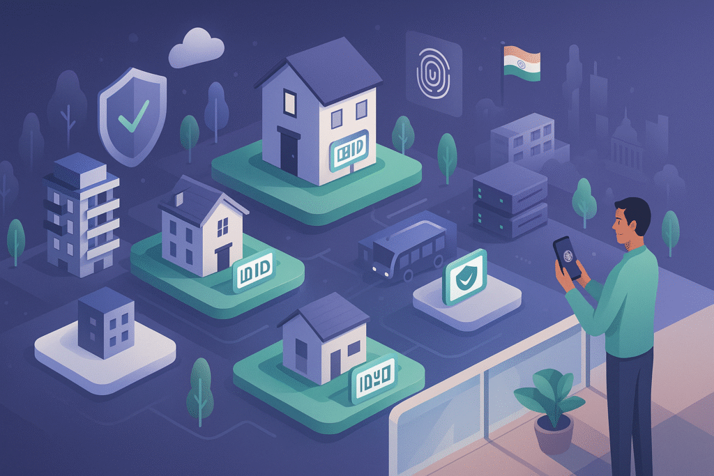 Create a high-quality hero illustration that visualizes the transformation from traditional paper Khata to digital e-Khata in Bangalore. The scene should depict a large scroll of paper Khata dissolving into digital data streams or floating binary code, transitioning into a glowing digital certificate on a screen or tablet. Surround the certificate with icons representing verified ownership, property tax paid, and GPS mapping. Include stylized silhouettes of homes, apartments, and commercial buildings in the background to show diversity. Use a modern, minimal gradient background with shades of teal, white, and BBMP-blue. No text, no logos—just clean visuals symbolizing digital transformation in real estate